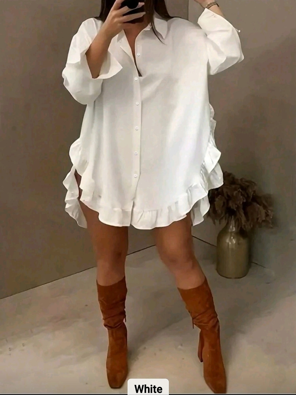 White Ruffle Hem Shirt Dress